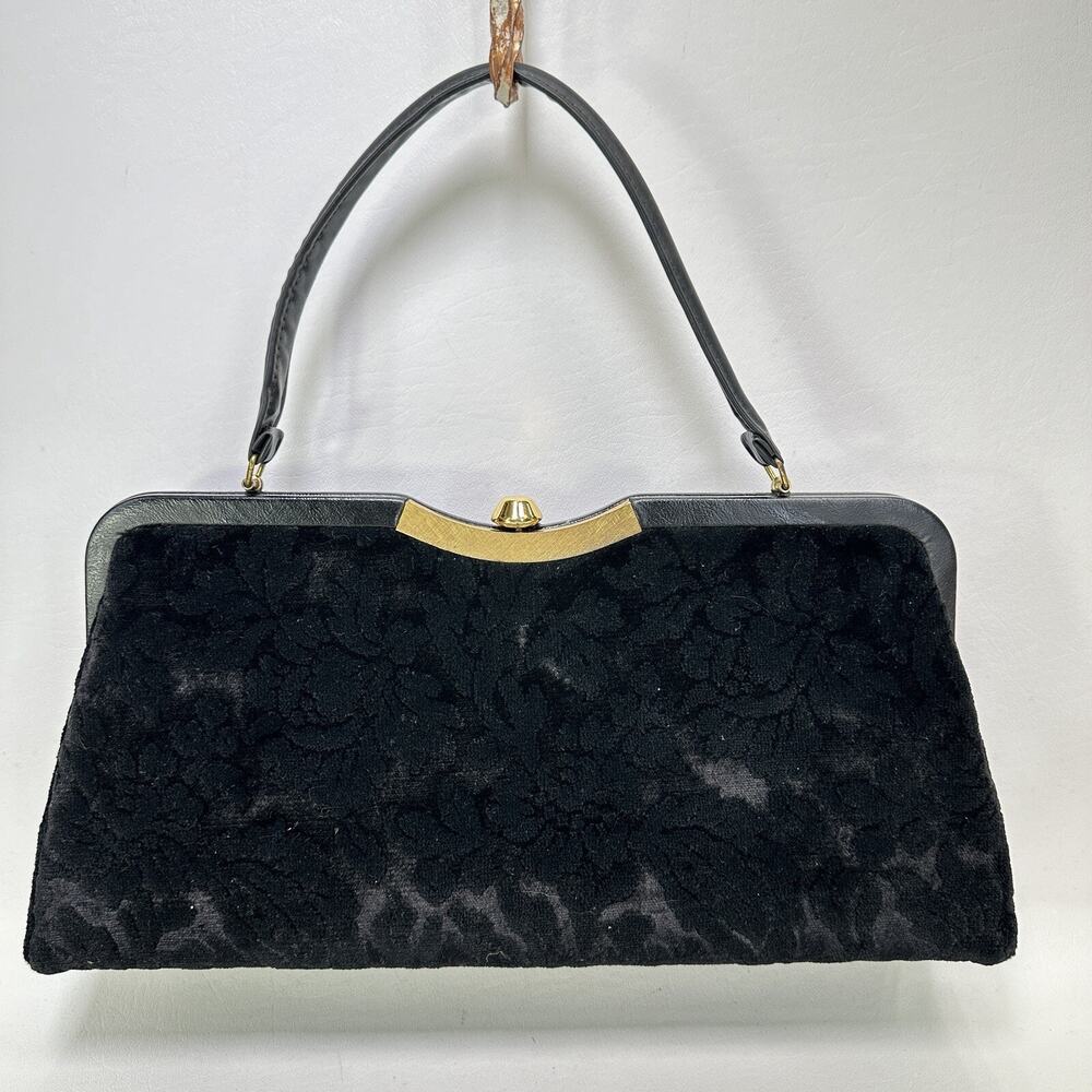 Vintage Verdi Handbag M Black Floral Velvet Hard Case Hinged Red Lined Handbag